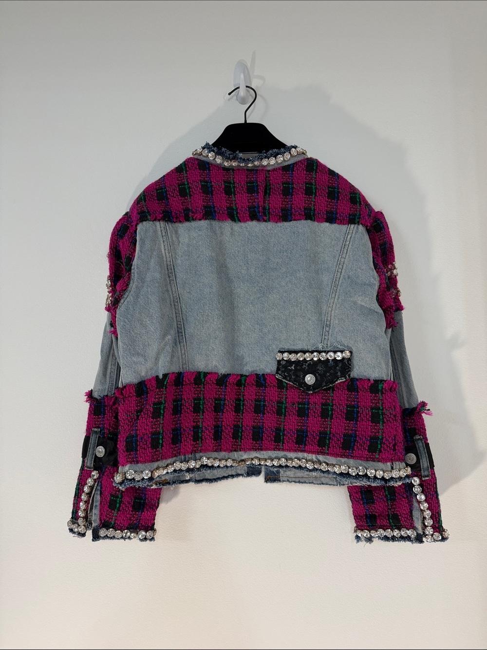 Levy’s Handmade Pink & Black Plaid Tweed and Light Blue Denim Embellished Jacket - Picture 8 of 11